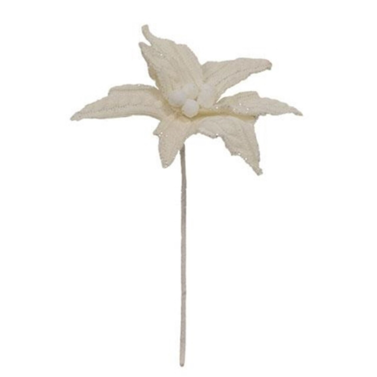 14" Long Small White Knit Poinsettia with White Wrapped Stem and Silver Sparkles